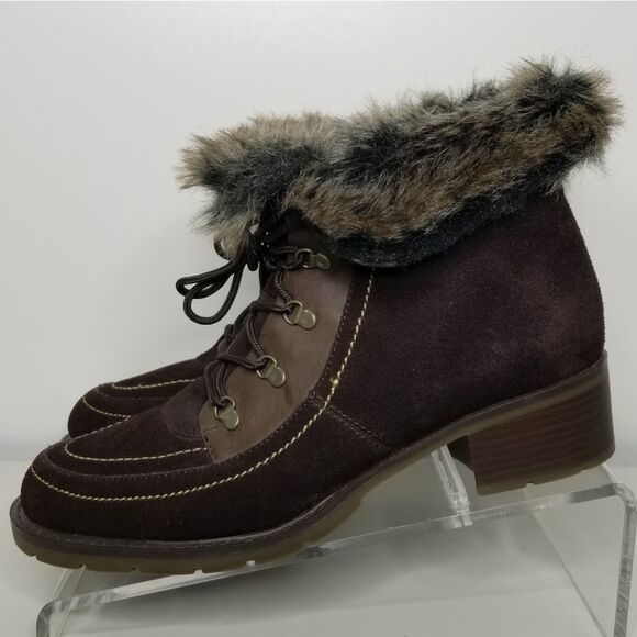 Sporto Holly Style Faux Fur Trim Lace Up Ankle Boots Brown Size 9M - Picture 2 of 10